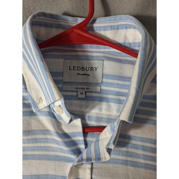 LEDBURY Tailored Fit Mens L Dress Shirt Blue White Stripped Button-Down  Oxford - Picture 4 of 7